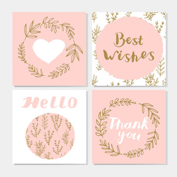 Set of cute postcards with hand lettering, laurel wreaths, branches, leaves, heart. Best wishes. Thank you. Hello. Vector illustration.