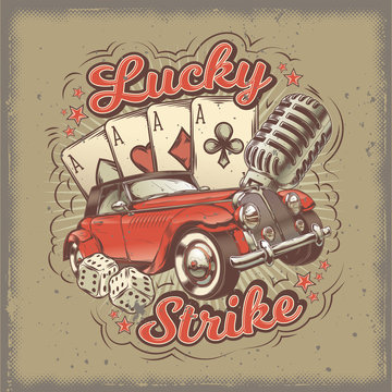 Vector grunge vintage illustration, poster with four card aces, retro car and old microphone. Print, template, design element