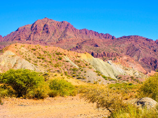 Western-like landscape with red rock formations in dry Quebrada de Palmira near Tupiza, Bolivian Andes, South America.