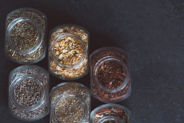 Top view of dried herbs and spices