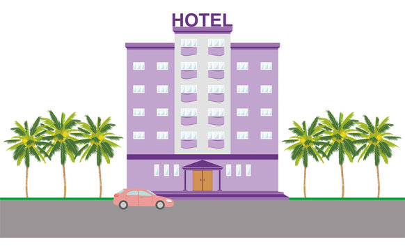 Colorful hotel icon, sign, symbol building with palm trees. Bright purple, violet, lilac color, beautiful colorful architecture. Vector illustration AI10.