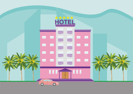 Colorful five-star hotel icon, sign, symbol building with palm trees on cityscape blue background. Bright pink, purple color, beautiful colorful architecture. Vector illustration AI10.