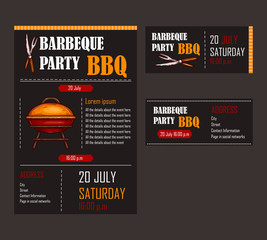 Set of vector illustrations of a bbq menu template, invitation card on a barbecue, gift certificate, a picnic ticket on a black background