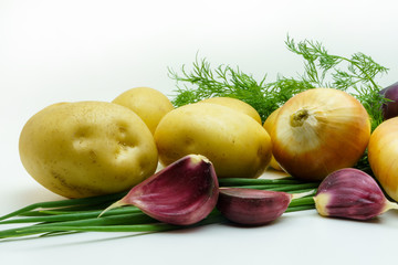 Assortment of fresh raw vegetables on white background. Selection includes potato, green onion, garlic and dill