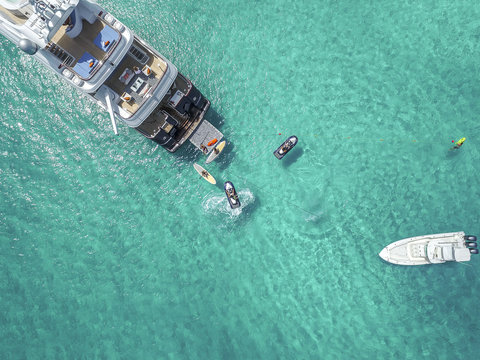 Aerial view of boats and yacht moving in sea at Sandy Toes island