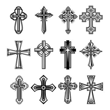 Set of isolated christian and catholicism crosses