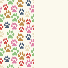 Card with dog track seamless pattern and empty space. Canine footprints. Vector illustration.