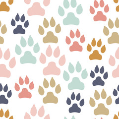 Fototapeta na wymiar Colorful messy dog track seamless pattern isolated on white background. Canine footprints. Vector illustration.