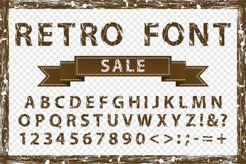 Grunge vintage ink brown and white font. Old style letters. Vector illustration