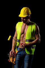 fit shirtless painter worker with tools