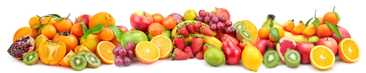 Abwaschbare Fototapete Früchte Panorama breites Foto von frischem Obst für Skinali isoliert auf weiß