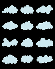 Set of various blue clouds on black background