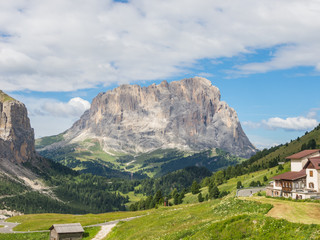 Landscape of the Sassolungo mountain from the Val Gardena pass, Sud Tirol, Italy