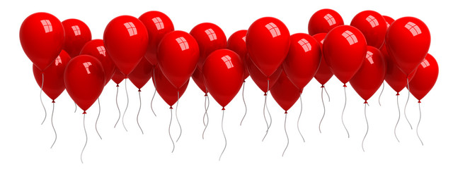 Row of red balloons isolated on white