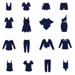 Different types of women's clothing as flat icons