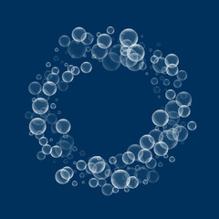 Random soap bubbles. Bagel frame with random soap bubbles on deep blue background. Vector illustration.