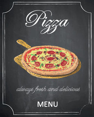 Pizza menu on chalkboard background, vector, illustration, freehand.