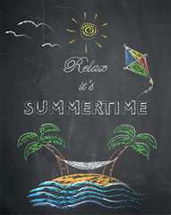 Relax it's summertime - palm trees, beach, kite, swing net, sun and sea on chalkboard background.