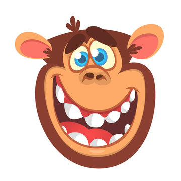 Cartoon monkey head icon. Vector illustration of smiling chimpanzee character isolated