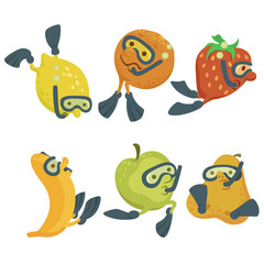 Fruit divers cartoon concept / Lemon, orange, strawberry, banana, apple and per are like divers