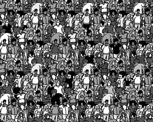 Crowd big group people seamless pattern black and white.