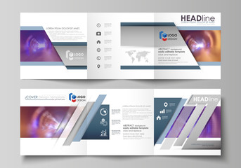 Set of business templates for tri fold square brochures. Leaflet cover, abstract flat layout, easy editable vector. Bright color colorful design, beautiful futuristic background.