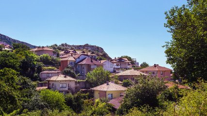 Fototapeta na wymiar Cityscape of balchik town, houses on the hill, black sea coast in Bulgaria