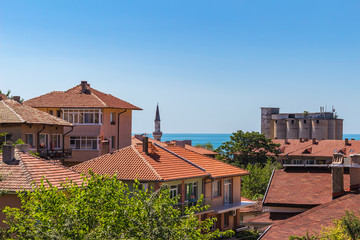 Fototapeta na wymiar Cityscape of balchik town, houses on black sea coast in Bulgaria