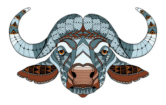 African buffalo head zentangle stylized, vector, illustration, freehand pencil, hand drawn, pattern. Zen art. Ornate vector. Lace. Color.
