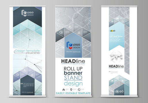 Roll up banner stands, flat design templates, corporate vertical vector flyers, flag layouts. Chemistry pattern, connecting lines and dots, molecule structure, scientific medical DNA research.