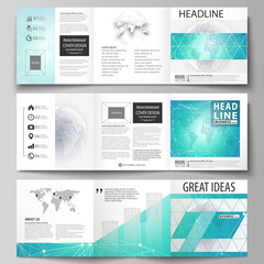 The minimalistic vector illustration of the editable layout. Three creative covers design templates for square brochure or flyer. Chemistry pattern. Molecule structure. Medical, science background.