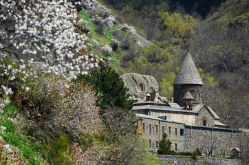 Ancient Geghard monastery and blossom tree, Armenia