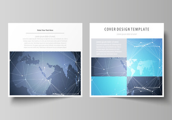 The minimalistic vector illustration of the editable layout of two square format covers design templates for brochure, flyer, magazine. Abstract global design. Chemistry pattern, molecule structure.