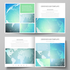 The minimalistic vector illustration of the editable layout of two covers templates for square design brochure, flyer, booklet. Chemistry pattern, molecule structure, geometric design background.