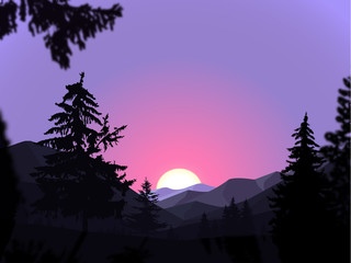  Panorama of mountains. Valley(canyon).  Sunset. Violet and pink tones.