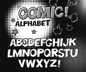 Comic retro black and white alphabet. Halftone background and decorative elements. Monochrome letters for kids' illustrations, websites, comics, banners.