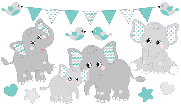 Cute Elephants Set. Vector Elephant Illustration for Baby Boy Shower. Vector Baby Elephant. 