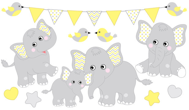 Cute Elephants Set. Vector Elephant Illustration for Baby Shower. Vector Baby Elephant. 