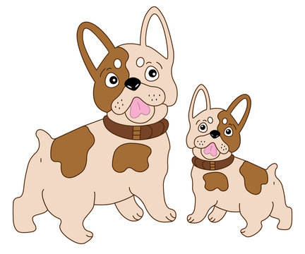 Vector Cute French Bulldog with Puppy. Vector Dog. Frenchie Vector Illustration. 