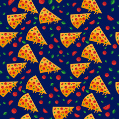Pizza slices wallpaper pattern with vegetables. Vector.