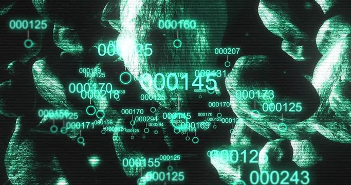 Glitchy Futuristic alien spaceship technology graphics in asteroid field in space