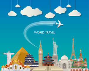 Fototapeta premium World famous Landmark paper art. Global Travel And Journey Infographic Bag. Vector Flat Design Template.vector/illustration.Can be used for your banner, business, education, website or any artwork
