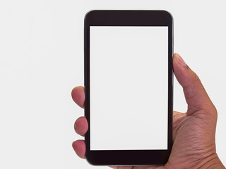 (Close up) smartphone with empty screen held by men.