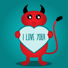 Funny red monster holds in his hands a heart. Text I love you!