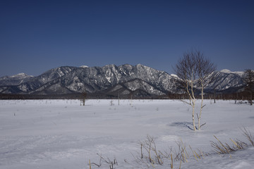 Senjogahara and Mountains of Nikko Shirane volcano at winter
