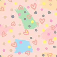 Seamless pattern with outlines of hearts, circles and brushstrokes. Cute seamless pattern.