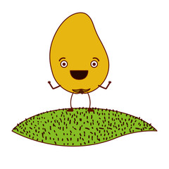 white background with caricature of mango fruit over grass vector illustration