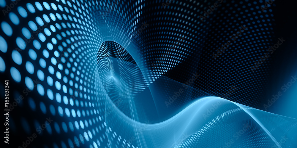 Fototapete Abstract background element. Fractal graphics series. Three-dimensional composition of glowing lines and mosaic halftone effects. Wide format high resolution image. Blue and black colors.