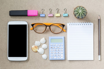 Copyspace of topview empyt page and pancil glasses with cactus.