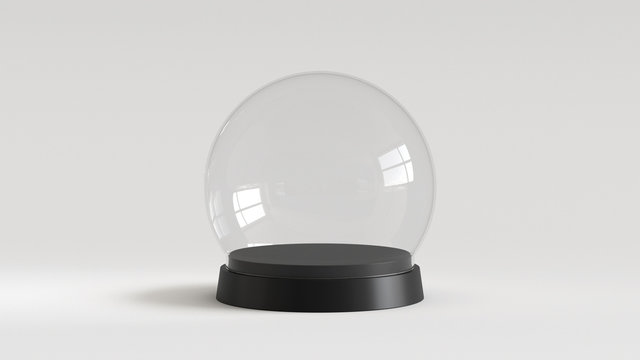 Empty snow glass ball with black tray on white background. 3D rendering.
